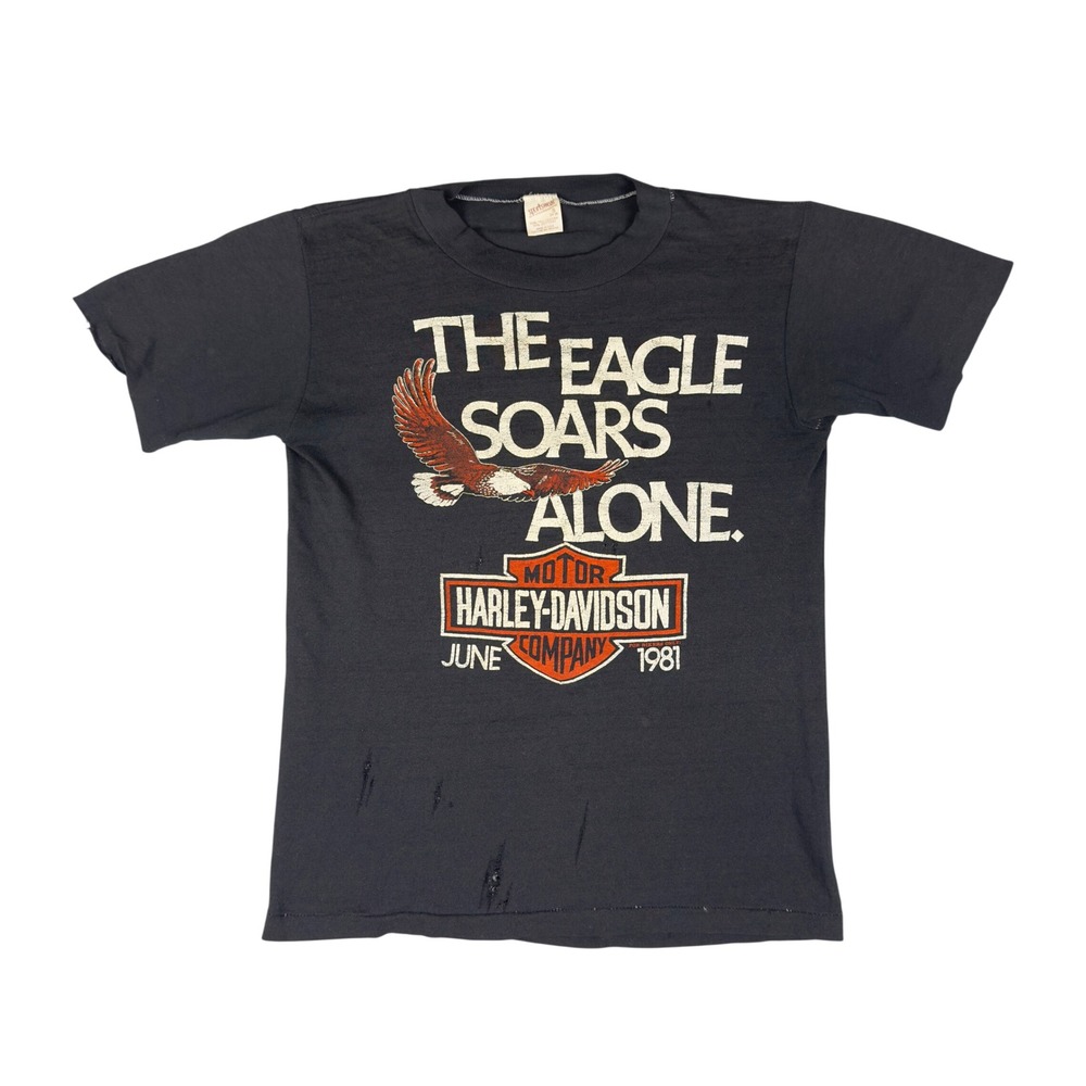 Vtg 1981 Harley Davidson Eagle Soars Alone Adult S Tee Distressed Faded Black